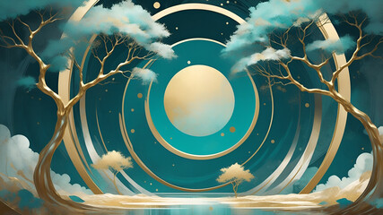 Image is a digital artwork featuring an abstract and surreal style. It showcases a composition with a central focus on two circular frames containing stylized trees with golden branches.