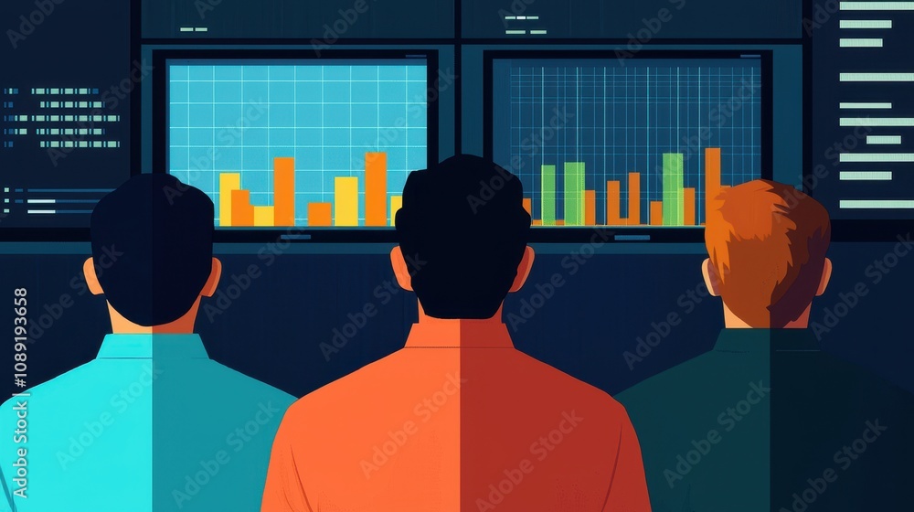 Poster three individuals analyze data displayed on screens, showcasing colorful graphs and metrics in a mod