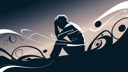 A contemplative silhouette sits surrounded by artistic swirling patterns, evoking a sense of introspection and emotion. This artwork highlights themes of solitude and mental reflection.