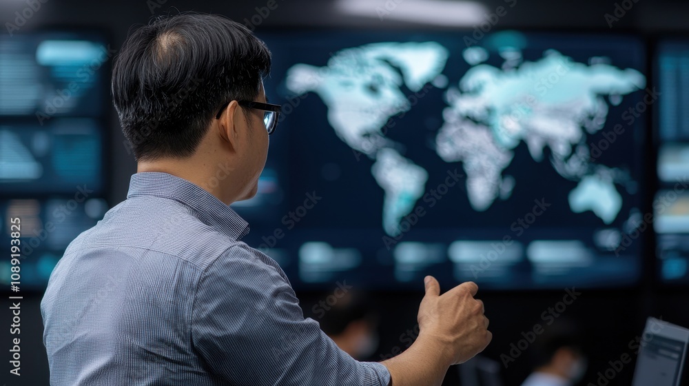 Poster a person analyzes global data on a digital map display while gesturing, indicating a focus on techno