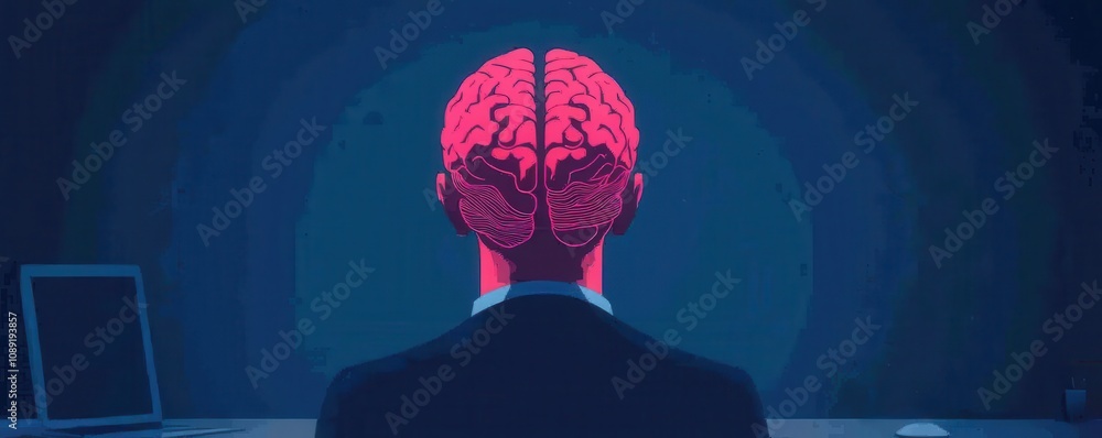 Poster a person with a stylized brain illustration sits in front of a computer, symbolizing deep thought an