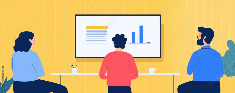 Poster a group of three people viewing data and charts on a screen, focusing on a presentation in a modern 
