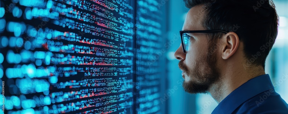Poster a focused man examines a digital display filled with code, symbolizing technology, programming, and 