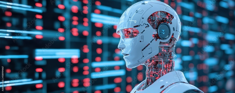 Poster a futuristic robot with intricate circuitry stands against a backdrop of glowing data, embodying adv