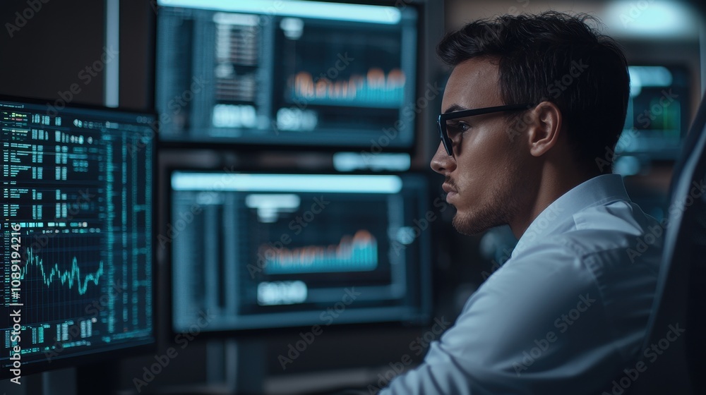 Poster a focused professional analyzing data on multiple screens, surrounded by digital graphs and charts i