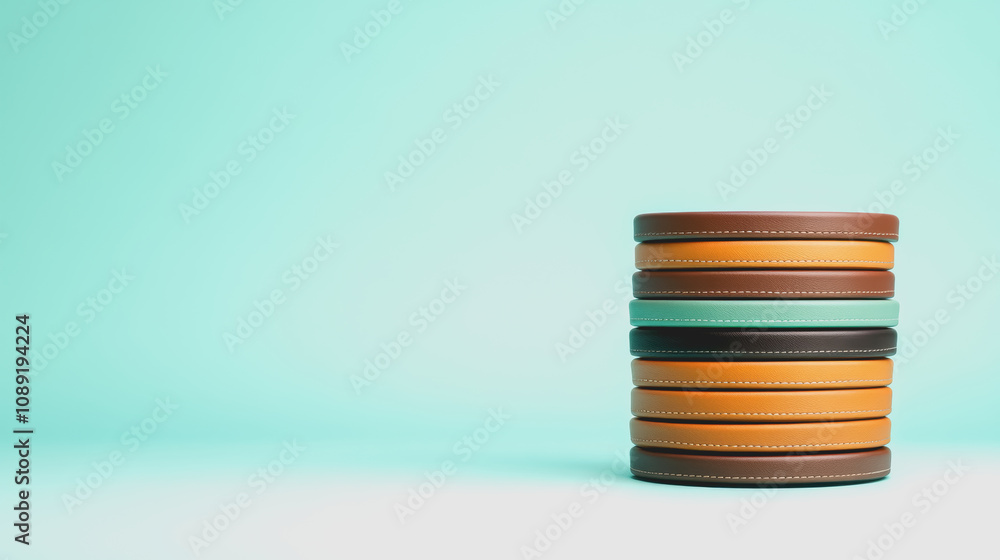 Poster handmade leather goods stacked on smooth gradient background showcasing traditional craftsmanship an