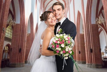 Happy wedding young couple bride and groom at wedding ceremony