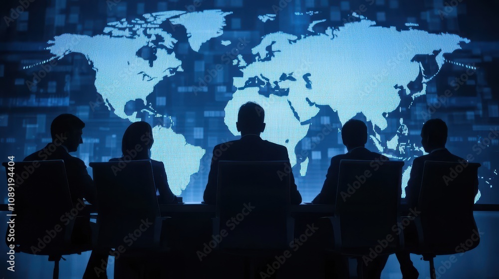 Poster a group of professionals sits facing a digital world map, engaged in a discussion or presentation on