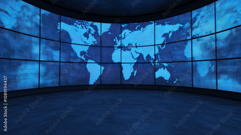 Poster a modern digital space featuring a blue world map displayed on multiple screens, creating a tech-sav