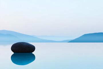 A large rock sits in the water, reflecting the sky