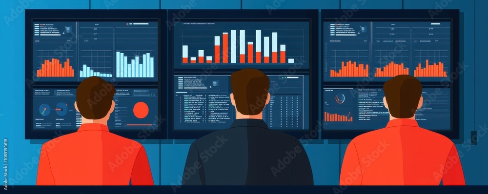 Poster three individuals analyze data displayed on multiple screens, showcasing various graphs and statisti