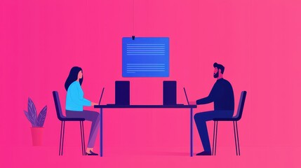 A vibrant illustration showing two individuals working at laptops across a table, with a monitor and a plant in a modern workspace.