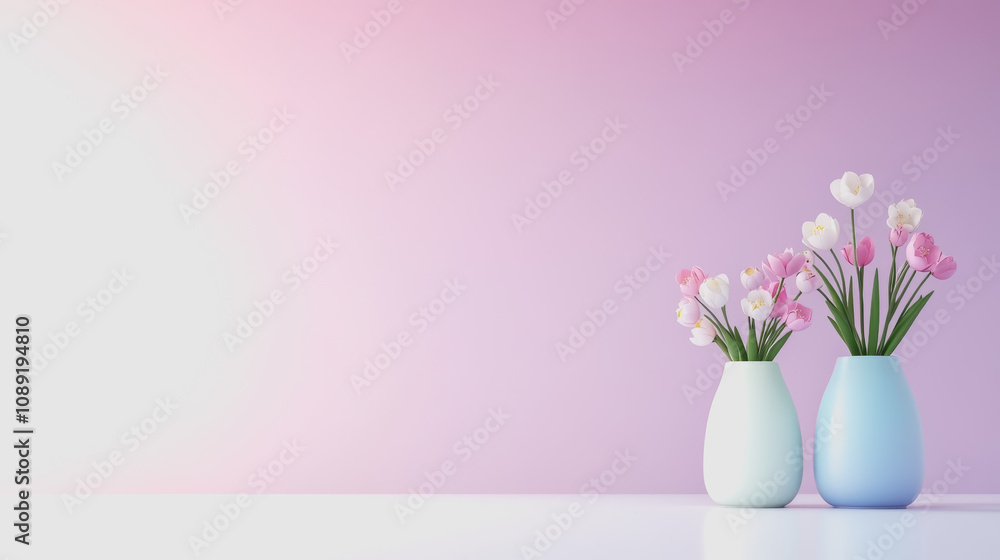 Poster elegant display of artisan handmade vases with fresh flowers on a smooth gradient background for a w