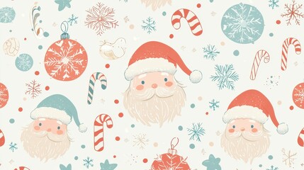 Festive design featuring cheerful Santa faces, snowflakes, and holiday ornaments in soft pastel colors, perfect for seasonal decor.