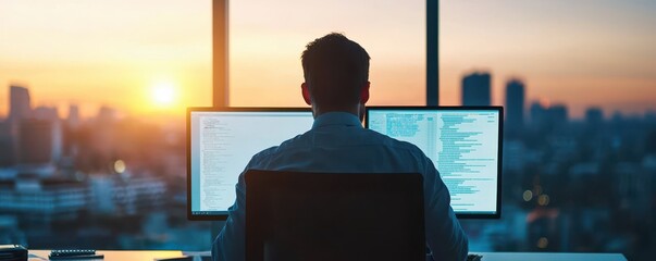 A silhouette of a person working at a computer, gazing at a cityscape during sunset, reflecting a blend of technology and tranquility.