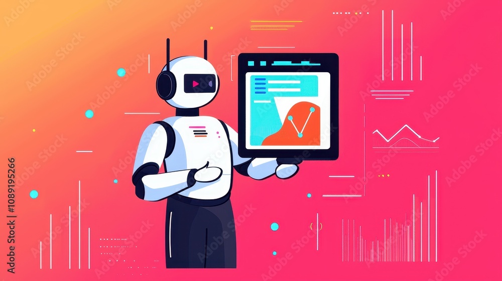 Poster a colorful illustration of a robot holding a tablet displaying data graphs, symbolizing technology, 
