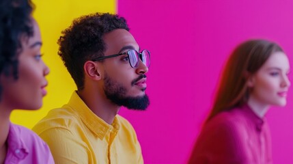 Three individuals are seated against vibrant pink and yellow backgrounds, showcasing diversity and engagement in a modern setting.