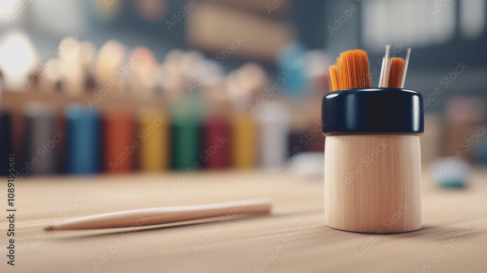 Poster Creative Workshop Scene Featuring Handmade Crafts and Art Supplies in a Bright and Inviting Environment with a Smooth Gradient Background