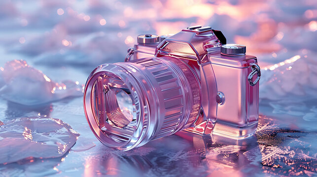 A transparent glass camera emoji symbolizing photography, creativity, and capturing moments, designed with a sleek and modern aesthetic.
