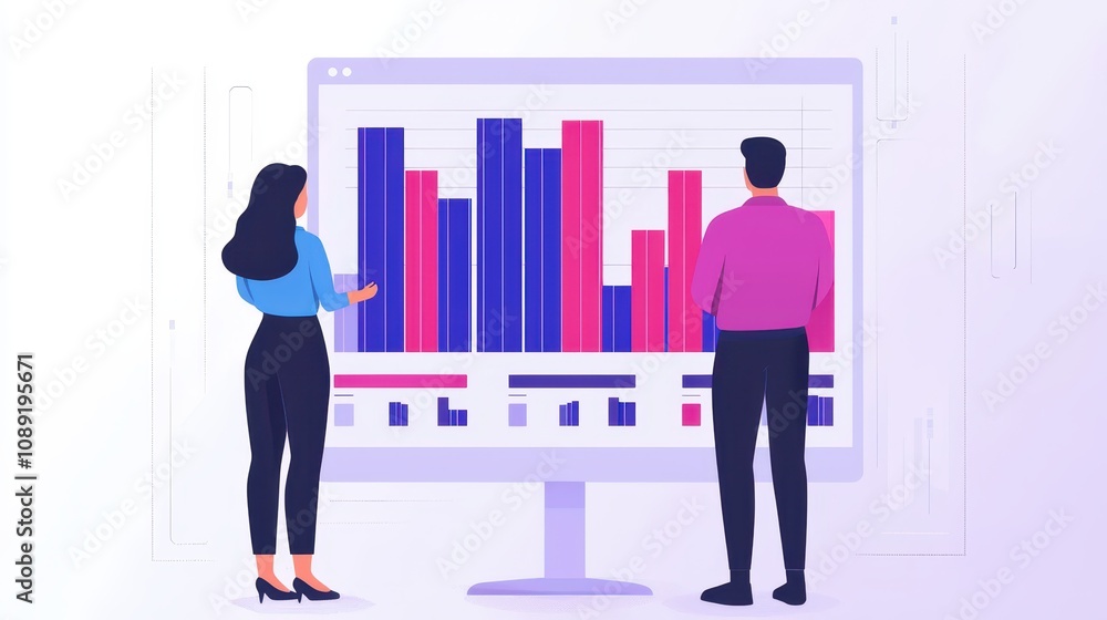 Poster a woman and man analyze colorful data visualizations on a large screen, highlighting business insigh