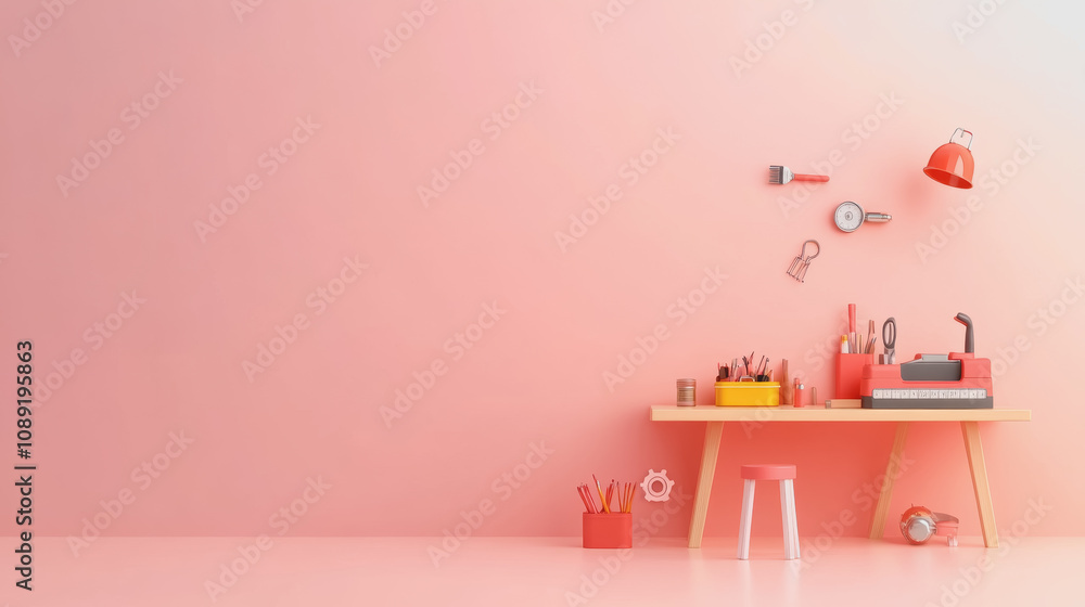 Poster a serene 3d handmade workshop space with smooth gradient wall and organized crafting tools on a styl