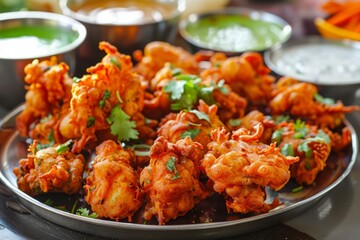 Delicious Indian Pakoras on a Platter Surrounded by Variety of Dipping Sauces Ready to Savor in a Colorful Plate Presentation