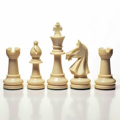 Five white chess pieces in a row on white background.