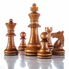 Fototapeta premium Wooden chess pieces on reflective surface.