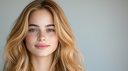 Naklejka premium The headshot features a young woman with long, blonde hair styled in loose waves, wearing a subtle pink lipstick