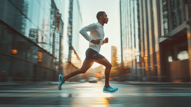 A male runner in dynamic sports shoes, racing on an urban street, with city buildings blurred in the background as he pushes himself to the limit