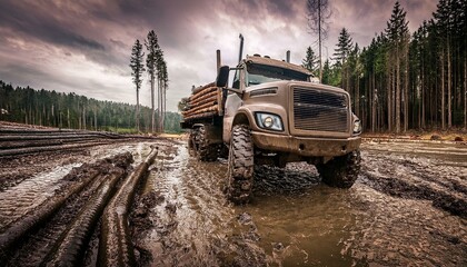 Classic heavy duty logging truck in mud