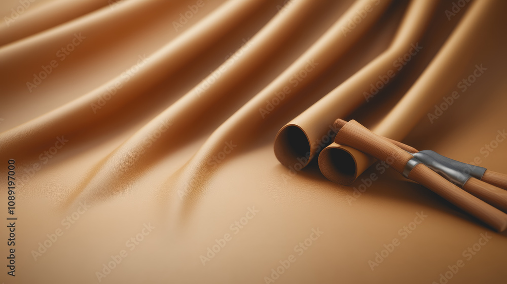 Poster a close-up view of smooth leather material draped elegantly with handmade tools for craftsmanship in