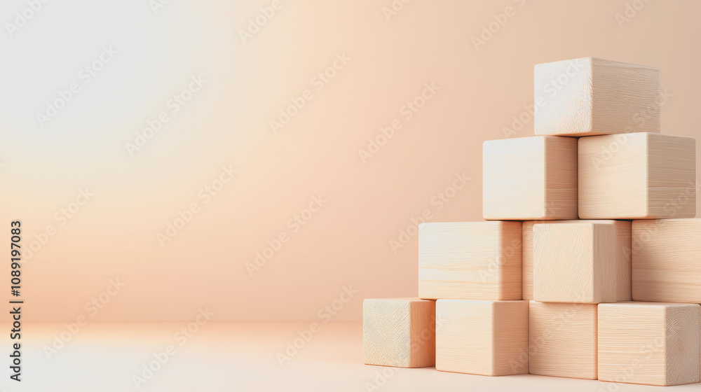 Poster elegant smooth gradient background featuring handmade wooden blocks stacked in a contemporary arrang