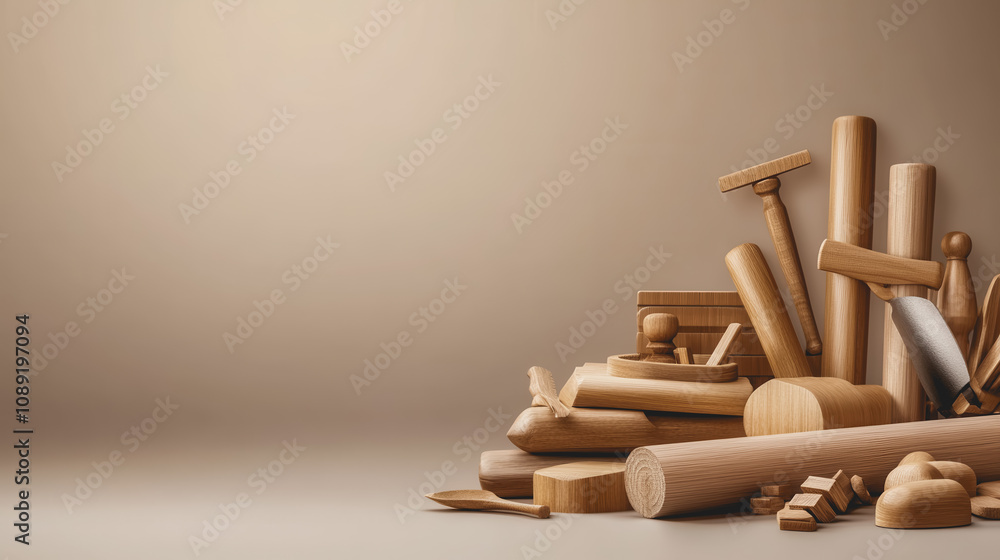 Aufkleber artistic display of handmade woodworking tools on a smooth gradient background, showcasing craftsman