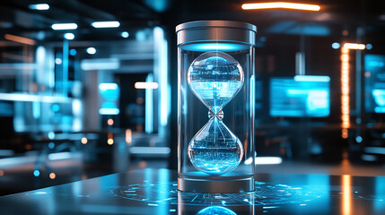 A modern hourglass in a high-tech office environment, with computers and gadgets subtly blurred in the background