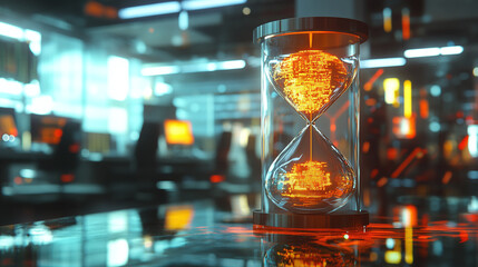 A modern hourglass in a high-tech office environment, with computers and gadgets subtly blurred in the background