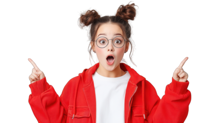 A surprised girl in a red jacket points excitedly in two directions. Transparent background.