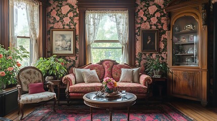 Fototapeta premium Vintage living room decor charming home interior design cozy atmosphere warm lighting classic elegance