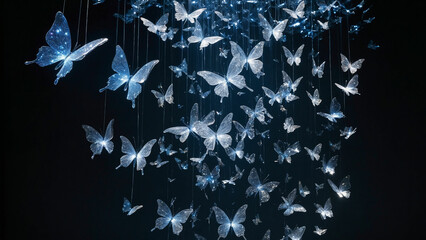 Glowing butterfly in black walipaper with LED lights, creating magical and elegant atmosphere.