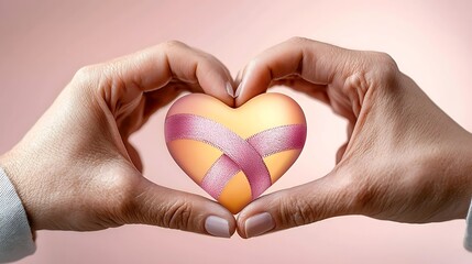 Obraz premium The close up photograph captures a woman's hands delicately forming a heart shape with a pink ribbon intertwined, symbolizing hope and support for those affected by breast cancer