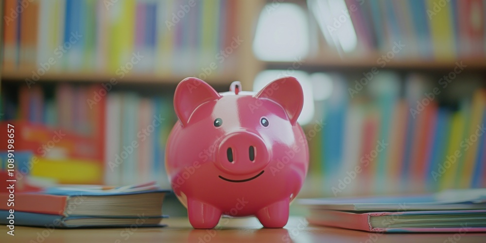 Aufkleber a pink piggy bank sits on a table surrounded by colorful books in a library setting.