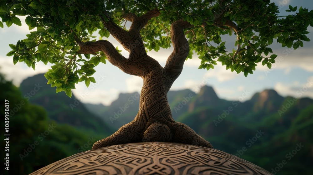 Poster a whimsical tree with a twisted trunk grows upside down on an intricately patterned surface, surroun