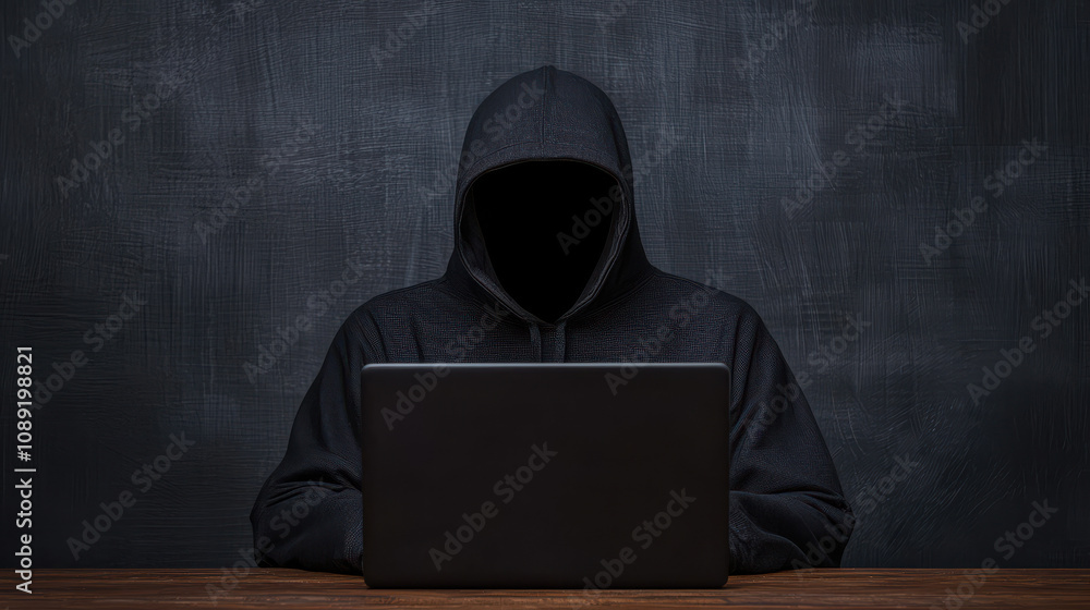 Poster mysterious figure in hoodie using laptop in dark setting
