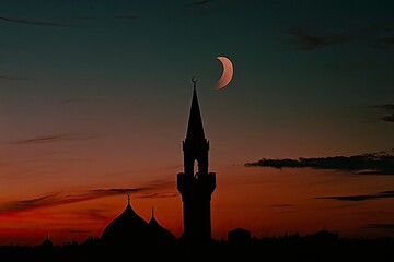 Obraz premium Mosque illuminated at dusk, crescent moon shining, warm sunset sky, peaceful horizon, Sony A6400, soft silhouette, Cinestill 800T film. generative ai