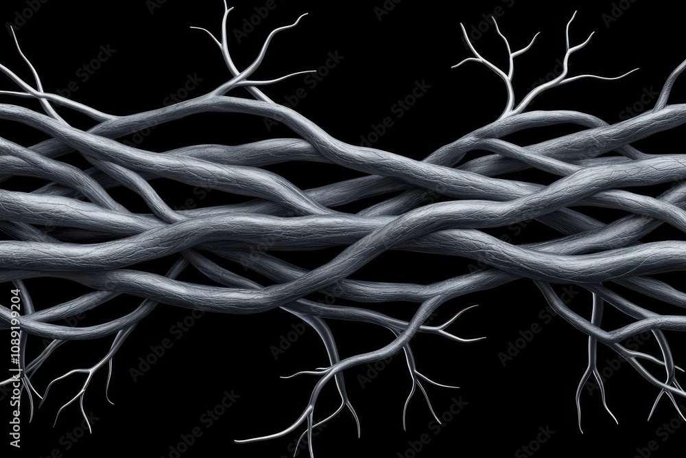 Poster a dark, abstract image featuring intertwined, gnarled branches with a stark black background, convey