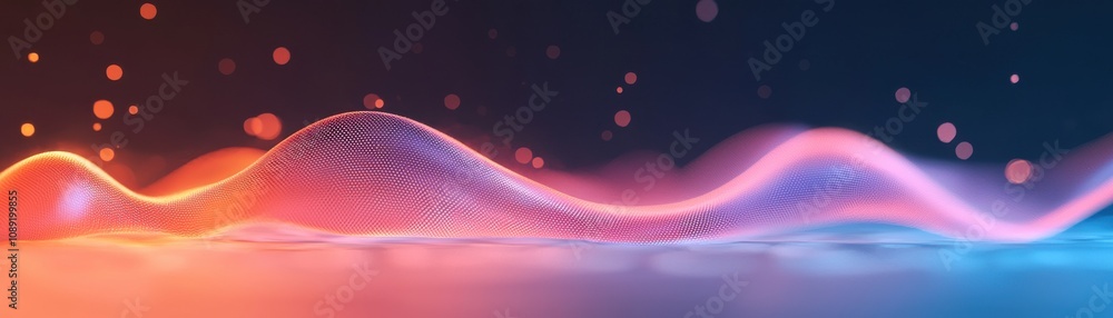 Poster a colorful, abstract wave design with glowing particles, illustrating motion and fluidity against a 