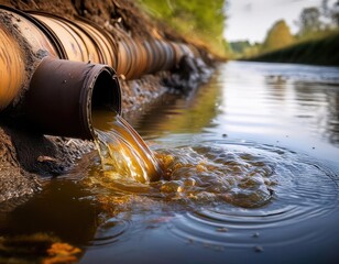 Chemical spillage into a river from an industrial drainage pipe: an ecological disaster. Generated with AI