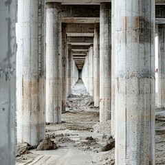 Construction of concrete columns on site.