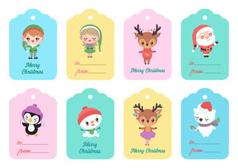Christmas gift tags with cute cartoon characters Santa Claus, reindeer, penguin. Winter present labels season greetings merry Christmas text. Fun Xmas cut file for card, sticker, badge.