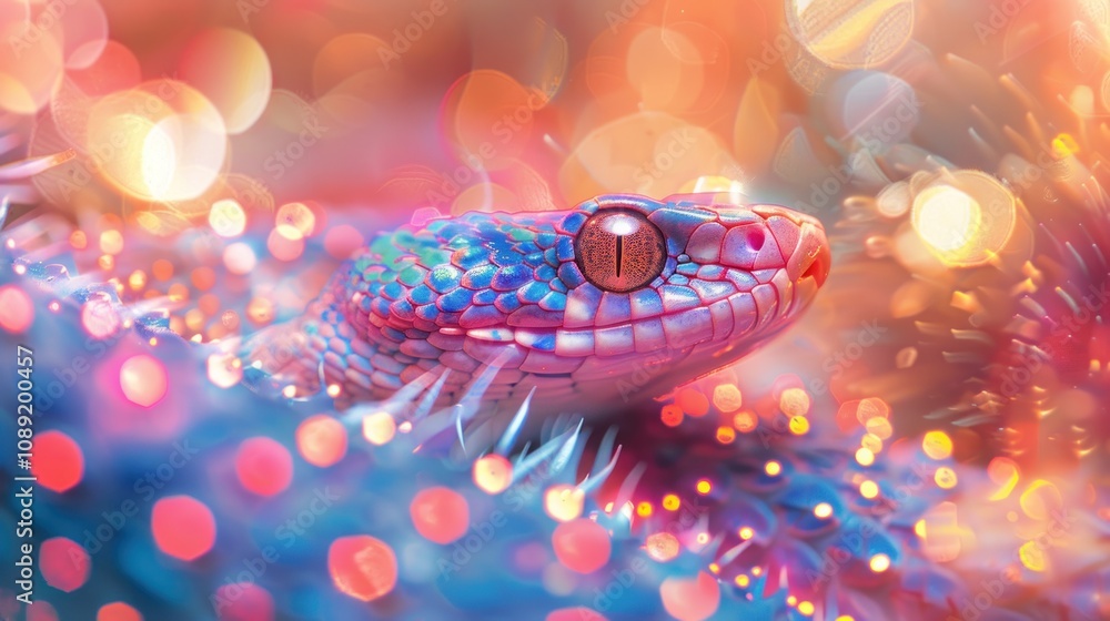 Poster a close-up of a colorful snake with a bokeh background.